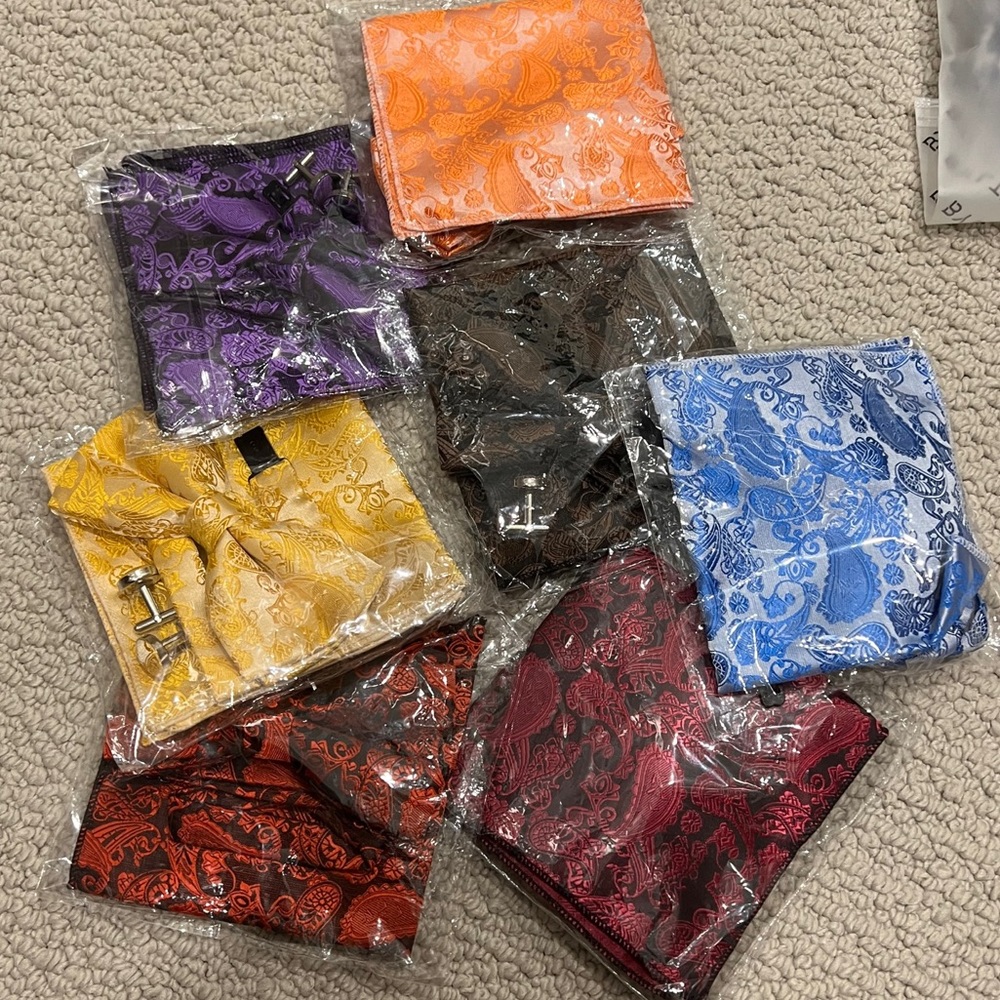 Paisley bow ties, pocket squares, cuff links